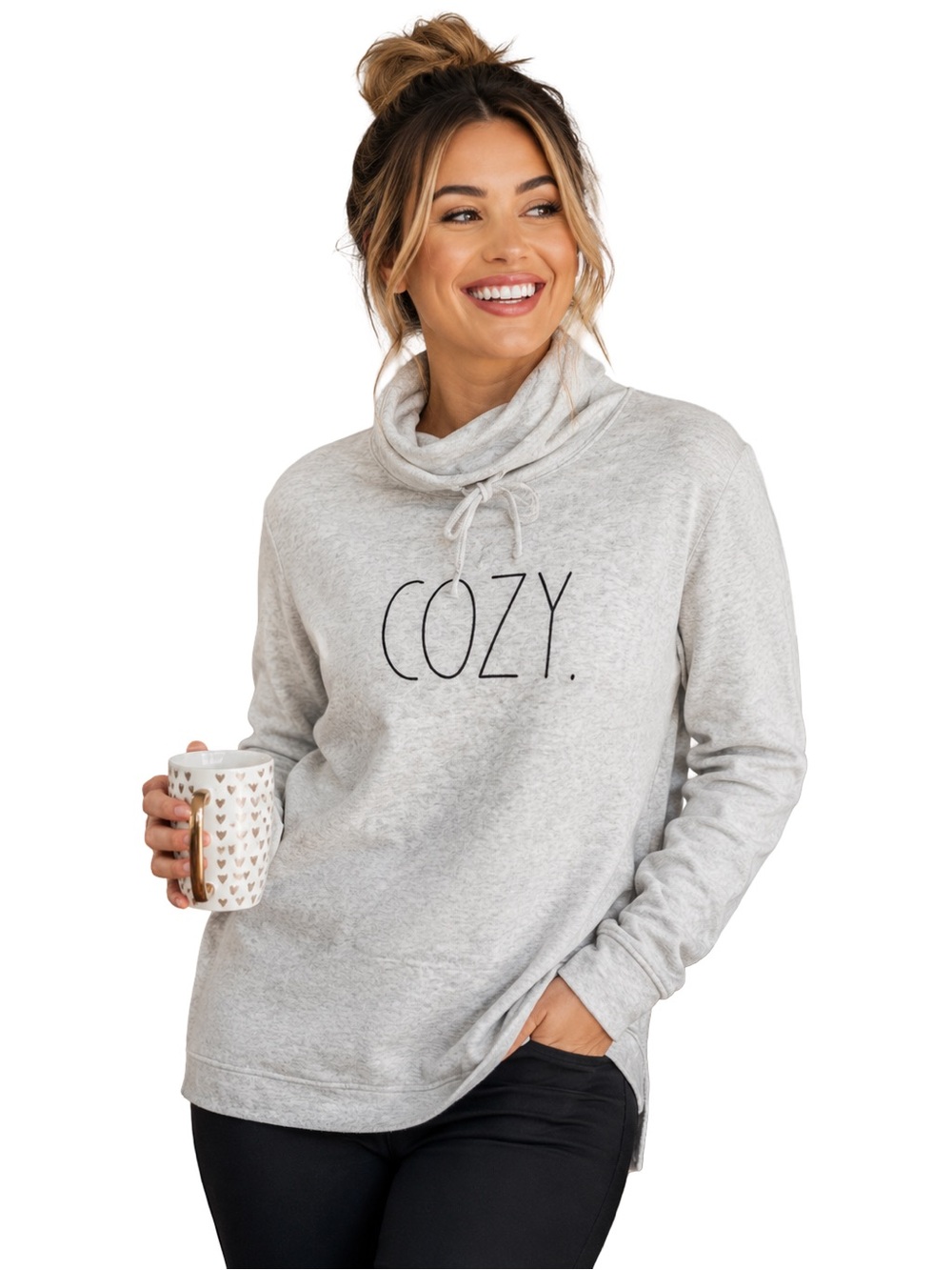 NWT Rae Dunn Cozy drawstring Cowl Neck Pullover Sweatshirt Gray lounge Size XS